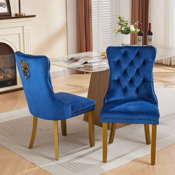 English Elm Mid-Century Tufted Velvet Dining Chair with Lion Head Ring, Nailhead Trim, Solid Wood Legs Blue W1143P193169