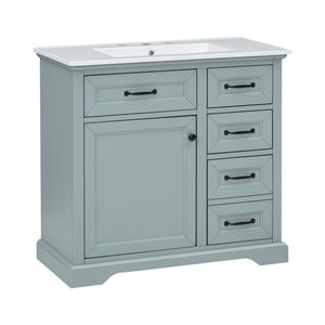 English Elm [video] 36 Inch Freestanding Bathroom Vanity Rubberwood Cabinet with Ceramic Sink Storage Grey N759P313315F