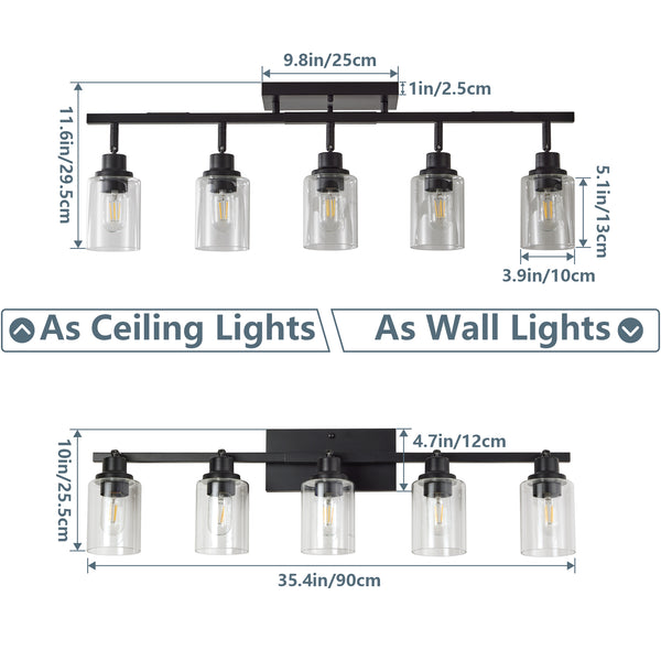 English Elm 5-light Matte Black Track Fixture Rotatable Spotlights with Clear Glass Shades for Kitchen W1340P456179
