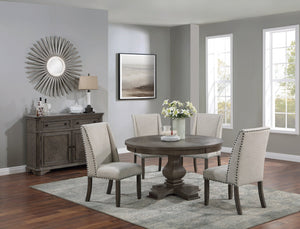 English Elm Traditional Round Pedestal Dining Set Oak Wingback Chairs Nailhead Upholstery Seats Four B011S01037