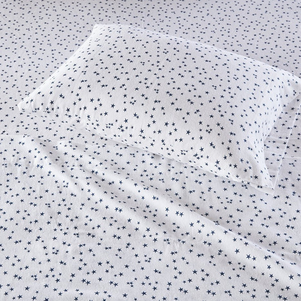 JLA Home Intelligent Design - 100% Cotton Flannel Sheet Set – Ultra-Soft 135gsm Pigment Print for Warmth, Breathable Comfort & Lasting Color Blue Stars ID20-1536