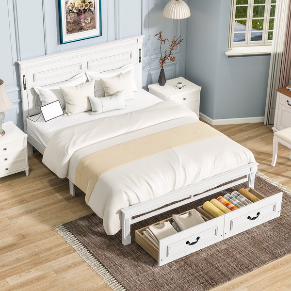 English Elm Queen Farmhouse Pinewood Storage Bed with Led Lighting Usb Charging and Panel Headboard White W504P391013