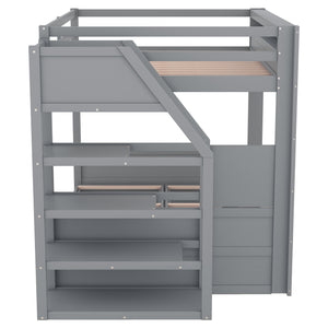 English Elm Wood Full Size Convertible Bunk Bed with Storage Staircase, Bedside Table and 3 Drawers, Gray - Space-Saving, Durable Design SM000335AAE