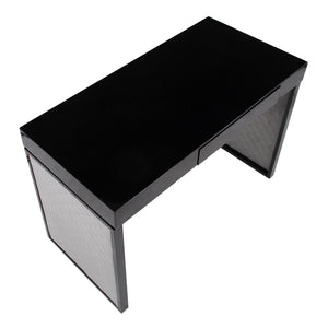 English Elm Upholstered Writing Desk with Silver Velvet Panels Black Steel Base and Dark Wood Top B202P471627