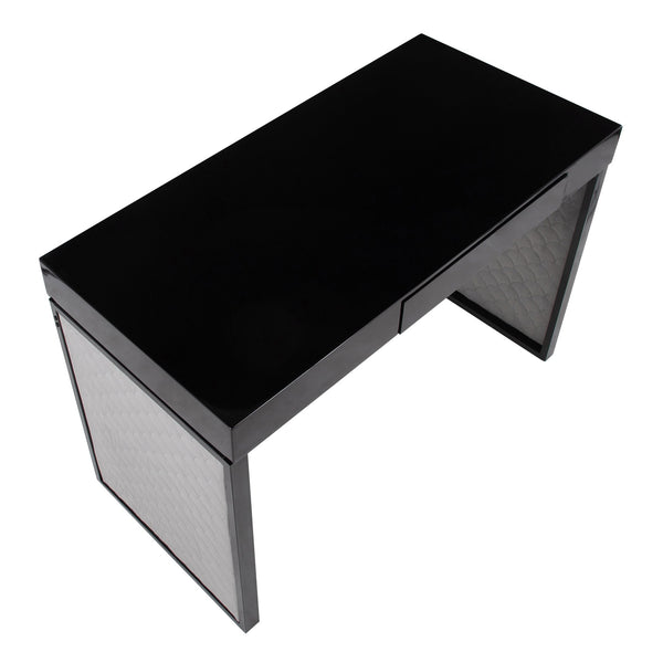 English Elm Upholstered Writing Desk with Silver Velvet Panels Black Steel Base and Dark Wood Top B202P471627