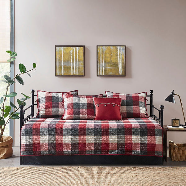 English Elm 6 Reversible Plaid Daybed Cover Set Red & Black Herringbone Quilt Twin Cabin Style Bedding Set B03597555
