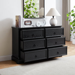 English Elm Modern 6-Drawer Chest of Drawers for Bedroom — Spacious Wooden Dresser with Smooth Glide Drawers, Elegant Patterned Top Black W2275P224406