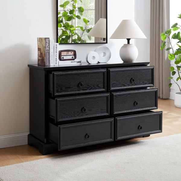 English Elm Modern 6-Drawer Chest of Drawers for Bedroom — Spacious Wooden Dresser with Smooth Glide Drawers, Elegant Patterned Top Black W2275P224406