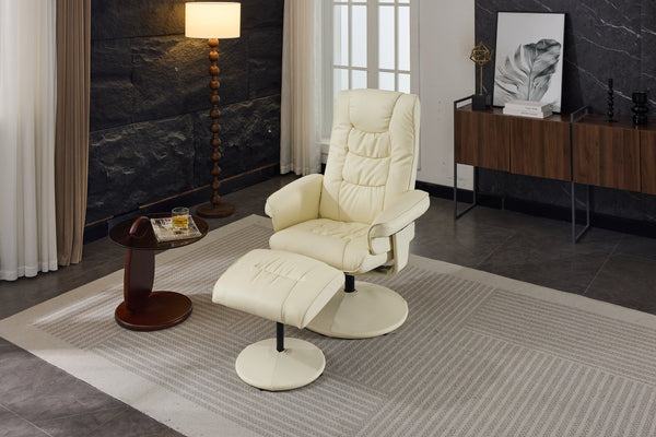 English Elm 015-Recliner Ergonomic Swivel Massage Chair with Ottoman, Heated 5-Point Vibration, 140° PU Recliner Beige W2636P262437