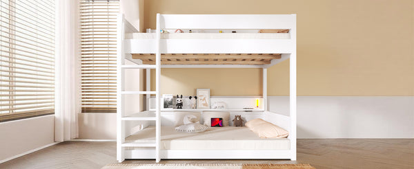 English Elm Queen Over Pine Bunk Bed with Built-in Shelves and Usb Charging Ports White N7090002238K