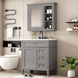 English Elm 30'' Modern Bathroom Vanity Set With Mirror, Stylish Freestanding Cabinet, Ample Storage & Sink SW000127AAE-1