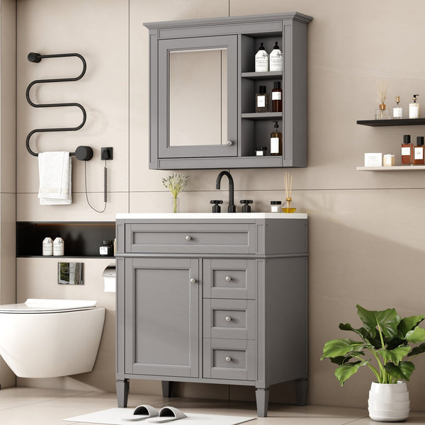 English Elm 30'' Modern Bathroom Vanity Set With Mirror, Stylish Freestanding Cabinet, Ample Storage & Sink SW000127AAE-1