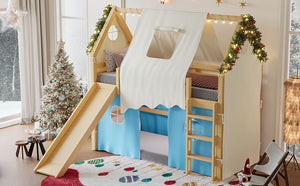 English Elm Twin Pine Loft Bed with House Frame Tent Led Lights Slide and Floor Space Below W1580S00290