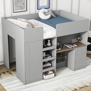 English Elm Wood Full Size Loft Bed with Built-In Wardrobe, Spacious Desk, Shelves and 3 Drawers for Storage Grey GX001819AAE