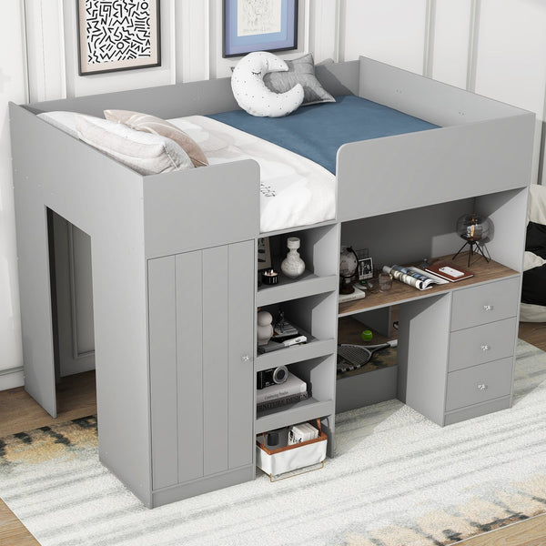 English Elm Wood Full Size Loft Bed with Built-In Wardrobe, Spacious Desk, Shelves and 3 Drawers for Storage Grey GX001819AAE