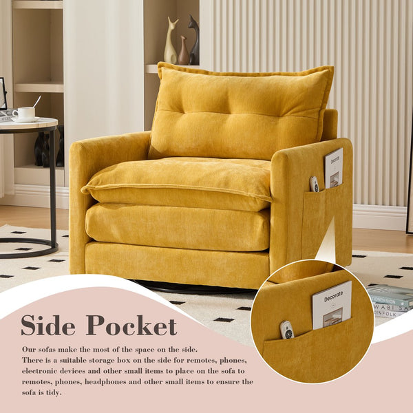 English Elm UNITED Swivel Barrel Chair with Chenille Upholstery, 360° Smooth Rotation, Padded Arm Comfort and Side Pockets for Living Room Relaxation Mustard yellow W1568P290085