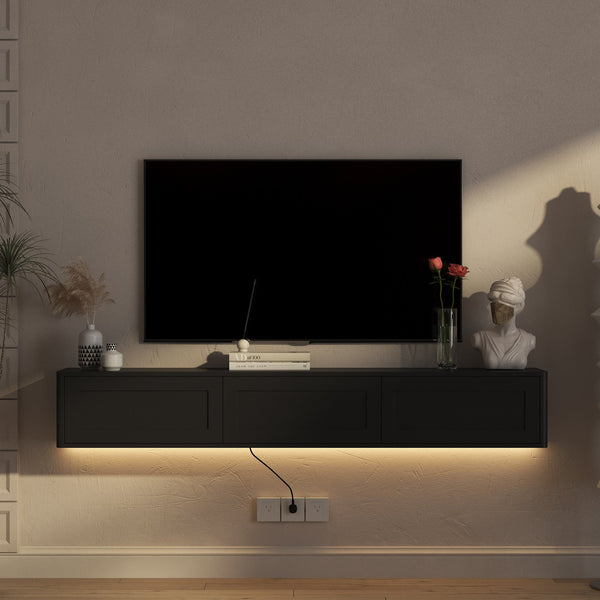 English Elm Floating Wall Mounted Tv Shelf with Led Backlight Gloss Cabinet and Built in Power Strip Black W1321P391262