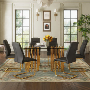 English Elm Table and Chair Set Oval Tempered Glass Top Six Seat Glam Dining with Arched Legs Black+Gold,Transparent W1151S04720