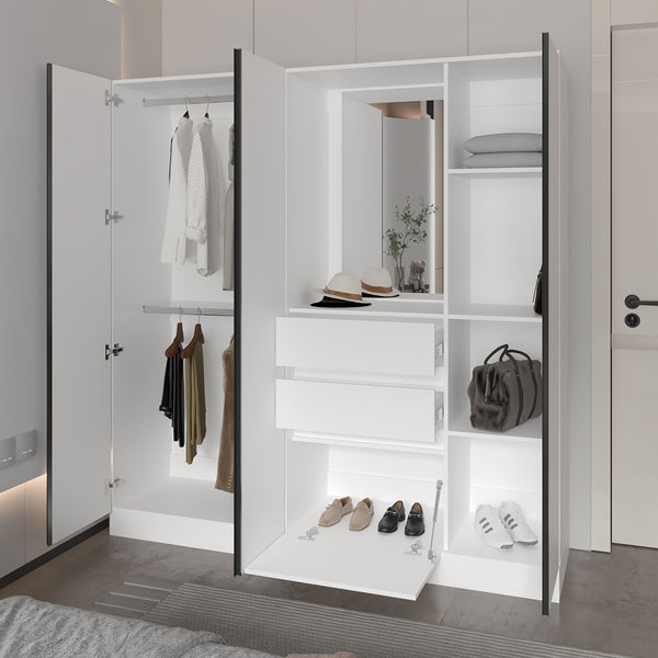 English Elm Canyon Modern Wardrobe Organizer with Mirror, Double Hanging Rods, Drawers & Open Shelves White B128S00180