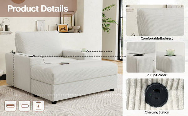 English Elm Christopher Knight Home® - 42.8" Oversized Chaise Lounge with Storage Ottoman, Corduroy Upholstery, USB Port & Cup Holders for Cozy Living Space Beige N765P350851W