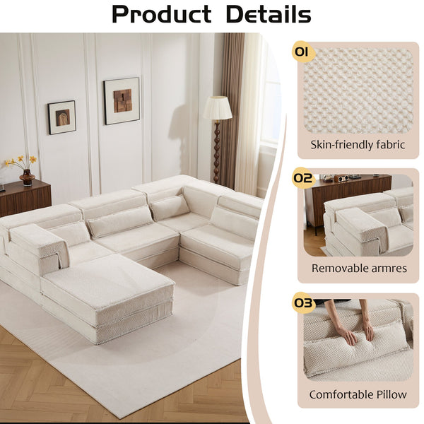 English Elm Compression Mahjong Sofa Bed - Versatile Modular Design, Cozy Circle Fleece, No Assembly, 4 Seater W3723S00035