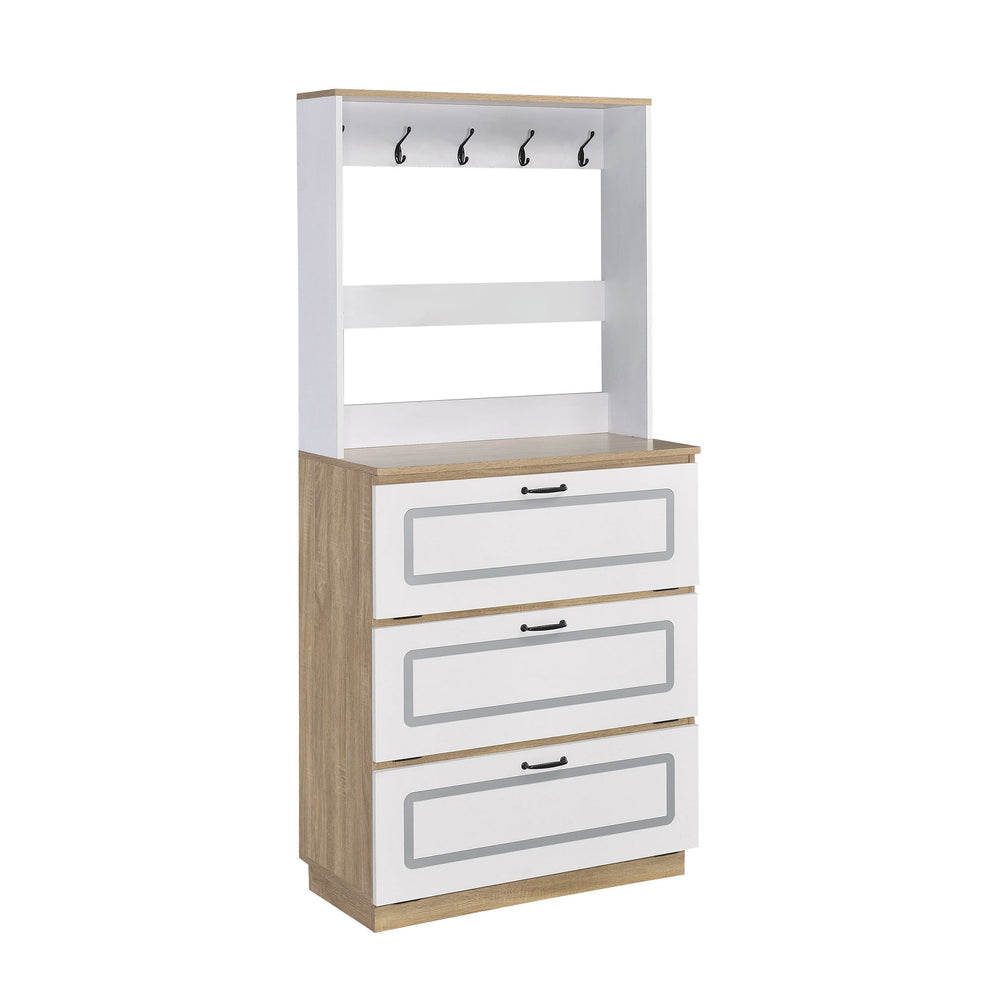 English Elm Light Oak 12-Pair Shoe Cabinet with 3 Drop-Down Drawers, 10 Metal Hooks, Durable 15mm Shelves - Space-Saving Entryway Storage (47.5" H x 32.5" W x 12.5" D) B062P189216