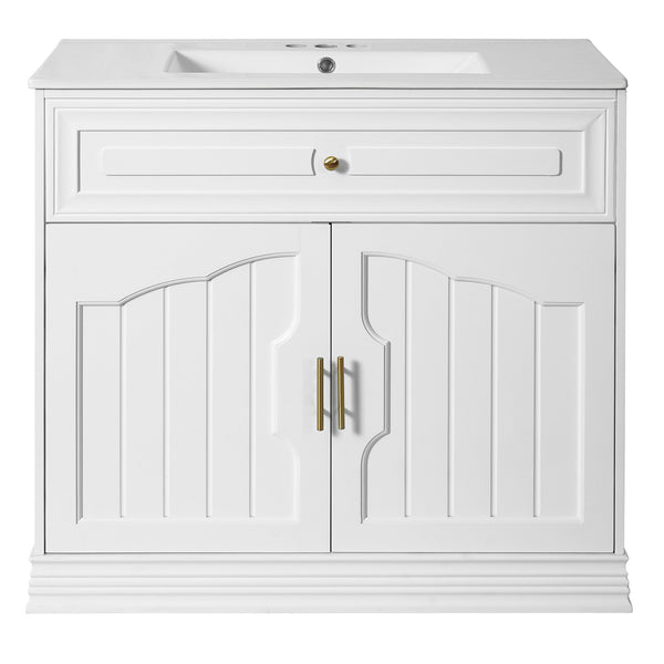 English Elm 36" Luxurious Bathroom Vanity with Ceramic Sink and Soft-Close Doors, Solid Wood Frame, Adjustable Shelves White N710P288944K