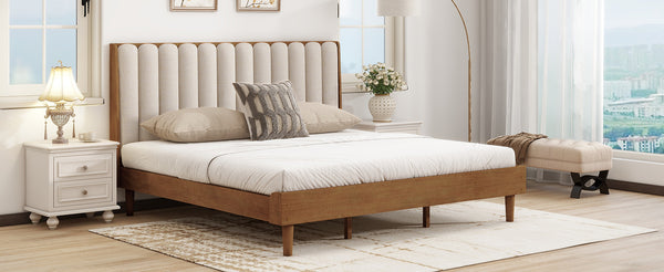 English Elm King Upholstered Bed Solid Pine Frame Piano Key Headboard for Modern Bedroom W504S00316
