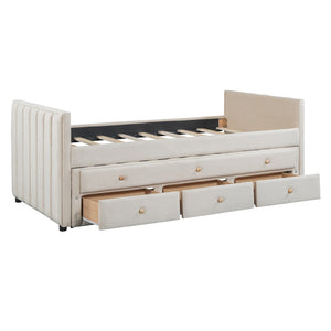 English Elm Twin Upholstered Daybed with Pull-Out Trundle and 3 Drawers, Velvet Finish, Solid Frame, Slat Kit Included Beige SF000147AAA