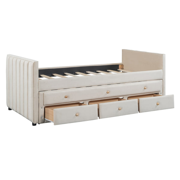 English Elm Twin Upholstered Daybed with Pull-Out Trundle and 3 Drawers, Velvet Finish, Solid Frame, Slat Kit Included Beige SF000147AAA