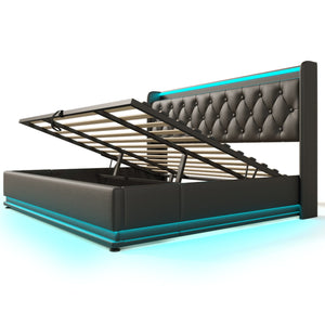 English Elm King Upholstered Bed with Surround LED, App/Remote Control, Hydraulic Storage, USB Type-C Charging Black N736P188808B