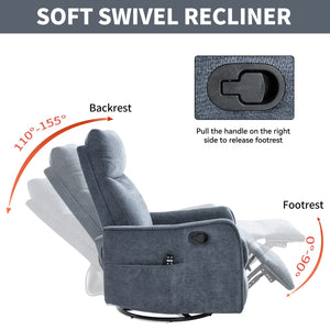 English Elm Blue Fabric Swivel Rocker Recliner with Massage Heat Nodes for Living Room Comfort Blue W1803P321823