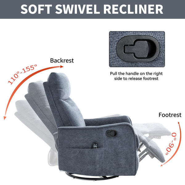 English Elm Blue Fabric Swivel Rocker Recliner with Massage Heat Nodes for Living Room Comfort Blue W1803P321823