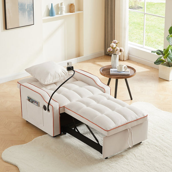English Elm Sleeper Sofa Chair Velvet Convertible Armchair with Usb Charging for Small Spaces Beige W1359P458682