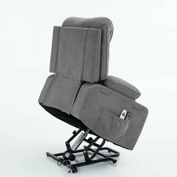 English Elm Gray Corduroy Recliner with Heated Massage, Remote & Assistive Lift, Cup Tray for Seniors Comfort W570P320447