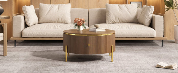 English Elm Modern Round Coffee Table with Gold Legs Two Drawers Brown Mdf Living Room N735P338995D