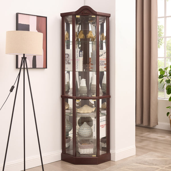 English Elm Lighted Corner Curio Cabinet With Adjustable Shelves, Carved Cherry Finish, Ideal For Home Display W1758P300127