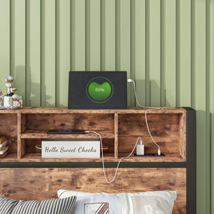 English Elm Twin Metal Platform Bed with Storage Headboard, USB Charging Station, Bookcase Shelves, Rustic Appeal W840P192226