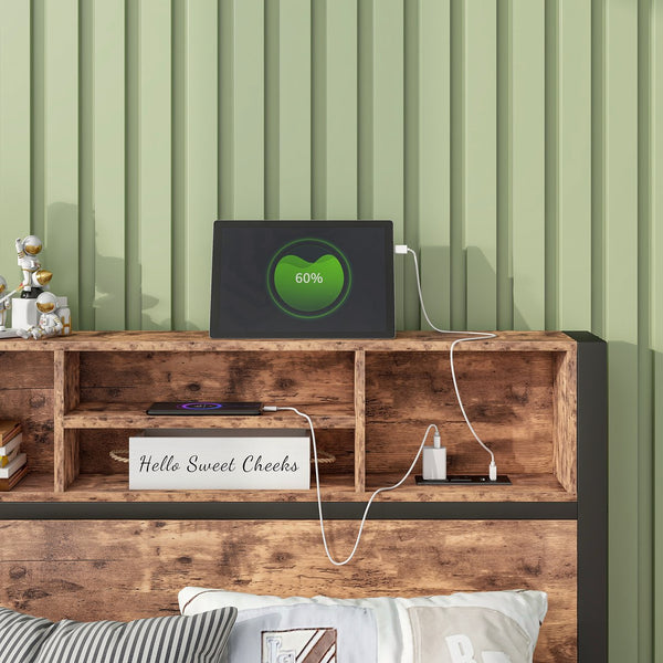 English Elm Twin Metal Platform Bed with Storage Headboard, USB Charging Station, Bookcase Shelves, Rustic Appeal W840P192226