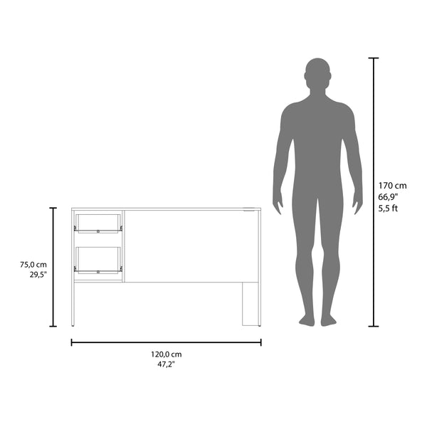 English Elm Mellier Compact Modern Office Desk with Two Drawers & Side Shelves, White Engineered Wood Workstation B200P362012