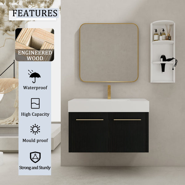 English Elm 36 Inch Wall-Mounted Bathroom Vanity Set With Thick Resin Sink, Storage Rack & Soft-Close Hinges W999S00369