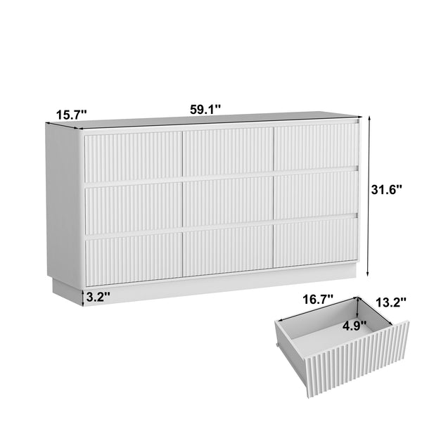 English Elm 9 Drawer Matte Wood Dresser with Wave Front Mid Century Modern Low Profile Storage White W409P387581