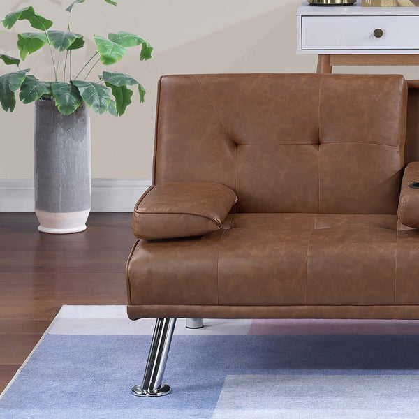English Elm Living Convertible Faux Leather Sofa with Tufted Upholstery, Fold-Down Table and Cup Holders, Metal Legs Brown 39 L x 8 W x 67 H B011P381497