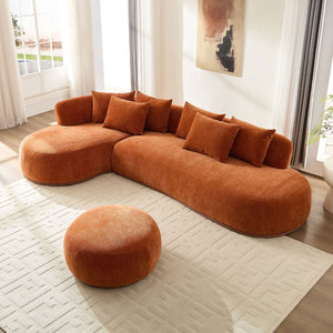 English Elm 134.6" Oversized L-Shaped Sectional Sofa with Ottoman, 6 Pillows, Orange Modern Deep-Seat Comfort W3208S00006