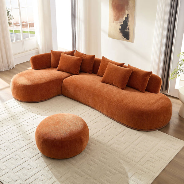 English Elm 134.6" Oversized L-Shaped Sectional Sofa with Ottoman, 6 Pillows, Orange Modern Deep-Seat Comfort W3208S00006