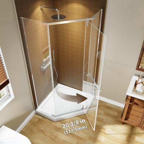 English Elm Corner Frameless Neo-angle Pivot Shower Enclosure with Tempered Glass and Sleek Hardware Chrome W637P348803