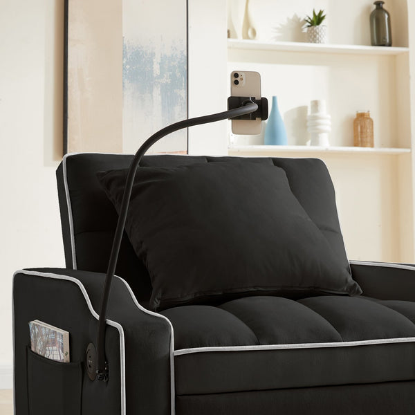 English Elm Sleeper Sofa Chair Velvet Convertible Armchair with Usb Charging for Small Spaces Black W1359P458672