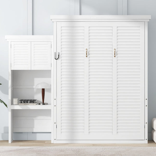 English Elm Queen Size Murphy Bed With Stylish Louvered Design, Multi-Storage Shelves, And Elegant White Finish N7090004018K-GIGA