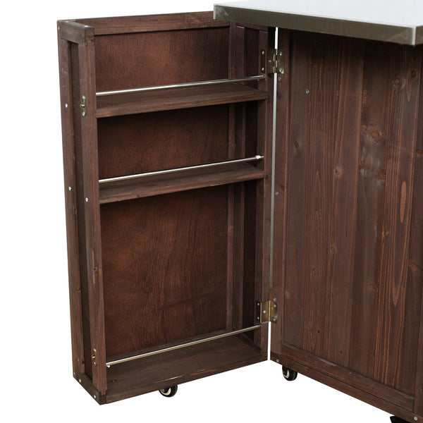 English Elm Foldable Outdoor Kitchen Cart with Stainless Worktop Fir Wood Frame and Lockable Wheels Dark Brown N719P380278S