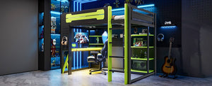 English Elm Full Size Loft Bed with Rgb Lighting Chevron Desk Usb Charging Ports and Storage Shelves Black+Green LT000286AAG